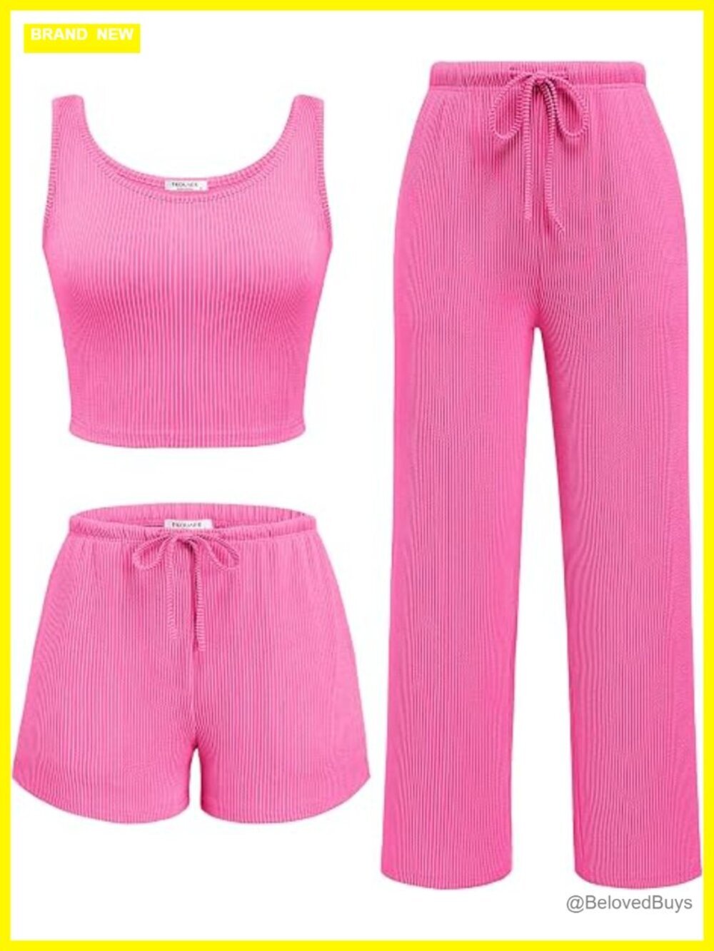 3 Piece Lounge Set Crop Top Shorts & Pants with Pockets